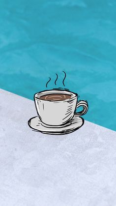 a cup of coffee sitting on top of a saucer next to a swimming pool