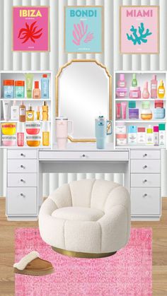 a white chair sitting in front of a mirror on top of a table next to a dresser