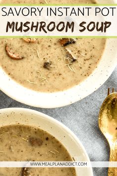 two bowls filled with mushroom soup on top of a table