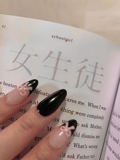 Black French Nails Aesthetic, Black White And Pink French Tip Nails, Bow Nails Aesthetic, Black French With Bow, Soft Black Nails, French Tip With Bow Design, Black And Pink Bow Nails, Black Nails Coquette, Black French Tip Nails With Bow