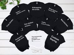 "\"Card Against Humanity\" shirts for a Bachelorette Party Group typically feature humorous or experiences of each member of the group. (80+ Funny Saying Phrases) Funny Bachelorette Party Shirts, Cards Against Humanity, Bridesmaid Group T-shirt, Wedding Party Favor, Team Bride, Girl Trip Gift, Wine Theme Bachelorette Party Shirts, Fiesta Theme Bachelorette Party Shirts, Birthday Theme Shirts, Nashville bachelorette Party Shirts, Vegas Theme Shirts and much more are all available.. Soft and comfy Nashville Bachelorette Party Shirts, Bachelorette Party Shirts Funny, Bachelorette Party Tshirts, Wine Bachelorette, Bride Squad Shirt, Bachelorette Tees, Funny Bachelorette, Team Bride Shirts, Bach Bash