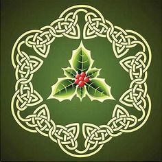 a holly with leaves and red berries in a celtic style design on green background, suitable for greeting cards or other uses