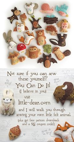 there are many different types of stuffed animals on the table and in front of it is a poem that says, not sure if you can sew