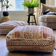 two decorative pillows on the floor in front of a couch and coffee table with potted plant