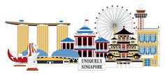 an illustration of singapore with buildings and ferris wheel in the background