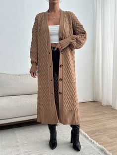 Women's Solid Color Dropped Shoulder Long Sleeve Single-Breasted Long Cardigan, Casual And Loose Fit, Autumn/Winter Camel Casual  Long Sleeve Knitwear Plain  Slight Stretch  Women Clothing, size features are:Bust: ,Length: ,Sleeve Length: Fur Costume, Gilet Long, Cardigan Casual, Girls Fall Outfits, Cardigan Long, Knitting Girls, Girls Denim, Grey Women, Long Cardigan