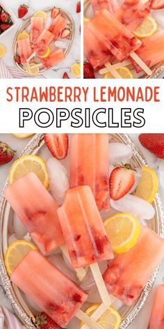 strawberry lemonade popsicles on a plate with strawberries