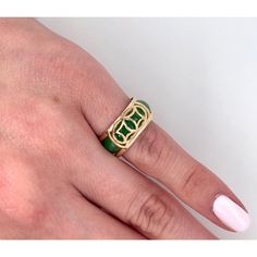 Vintage 14k yellow gold and Jadeite Jade 9mm band pinky ring. This ring features a cabochon cut Jade that freely connects and detaches from a 14k solid yellow gold frame. A unique and flexible piece that's certain to turn heads.   Details:  - Metal: 14K Yellow Gold  - Size: 4.5  - Weight: 4.1 grams - Width: 9mm Band   Stone Details: - Gem: Jadeite Jade  - Color: Green  - Cut: Cabochon   ★ Ships from Miami Florida ★  SHIPPING TIMES: USA: 1-5 business days (USPS/FedEx) Canada: 4-10 business days A Green Enamel Ring With Polished Finish For Anniversary, Green 14k Gold Enamel Ring As Gift, Green Enamel 14k Gold Ring Gift, Carved Jade Ring Jewelry, Classic Green Jade Rings, Vintage Jade Cabochon Ring, Vintage Solitaire Engagement Ring, Wide Band Engagement Ring, Filigree Diamond Ring