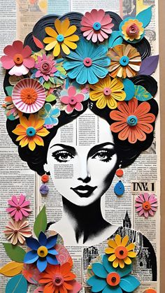 a woman with flowers on her head is made out of newspaper strips and paper plates