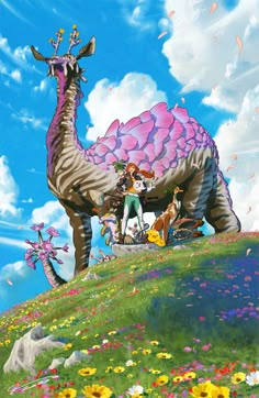 an advertisement for the game beast, featuring two people and a large dinosaur on top of a hill