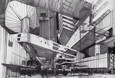 black and white drawing of an abstract building with people walking in the street below it