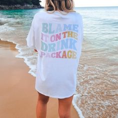 Blame it on the Drink Package Comfort Colors® Shirt The perfect shift for a cruise trip! Whether is a cruise for a family vacation, bachelorette party, or even a girl's trip!  You can choose an oversize look or go with a regular fit. For an oversized shirt fit, we recommend to size up by 2 - 3 sizes. SHIRT DETAILS - Comfort Colors® 1717 Unisex - 100% cotton, medium fabric - Runs true to size for a relaxed fit, if you are unsure about sizes - refer to the sizing chart in the listing - For an oversized look, size up accordingly (typically 2 - 3 sizes) - Colors may vary slightly due to different monitors and devices CARE INSTRUCTIONS - Machine wash: turn inside-out, use cold water, wash with like colors - Tumble dry: low heat - Do not bleach - Do not iron directly on the design - Do not dry c Gift For Maid Of Honor, Cruise Bachelorette Party, Bachelorette Cruise, Girls Trip Shirts, Bride Shirt, Cruise Shirt, Cruise Outfits, Beverage Packaging, Bride Shirts