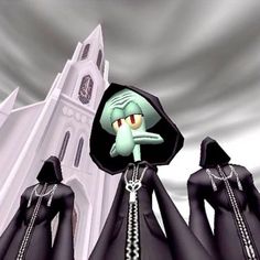 an animated image of a group of people in front of a church