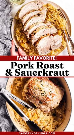 pork roast and sauerkraut with text overlay