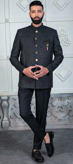 Black and Grey color Jodhpuri Suit in Rayon fabric with Embroidered work Classic Black Luxury Nehru Jacket, Luxury Black Classic Nehru Jacket, Jodhpuri Suit, Engagement Reception, Reception Lehenga, Wedding Black, Reception Wedding, Rayon Fabric, Blue Suit