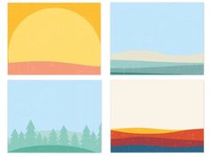 four different pictures with trees and mountains in the middle one is blue, green, yellow, and orange