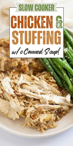 slow cooker chicken and stuffing on a plate with green beans