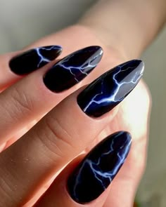 Edgy Black Nails Short, Salem Inspired Nails, Goth Nails Short, Punk Nail Art, Lightning Nails, Long Acrylic Nail