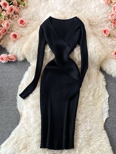 Elegant Cross V-neck Slim Waist Knitted Bodycon Sweater Dress Black-One Size Korean Office, Bodycon Sweater Dress, Dress Korean, Autumn Winter 2024, Knitted Bodycon Dress, Korean Dress, Elegant Dresses For Women, Winter 2024, Office Lady