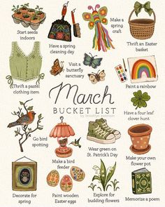 a poster with many different things to see in the picture and it says march bucket list