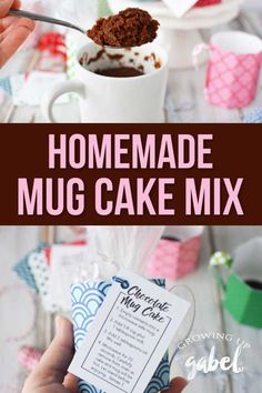 homemade mug cake mix in a white cup with a spoon and label on the side