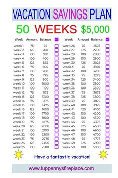 a printable vacation savings plan with the words, 50 weeks $ 5, 000