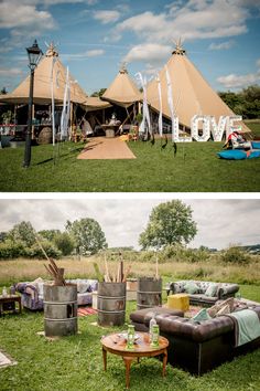 two pictures of the outside of a tent with chairs, tables and couches in it