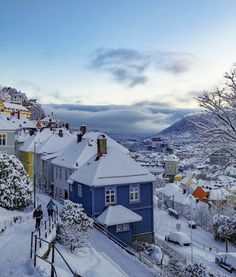 a snow covered hillside with houses and trees in the foreground