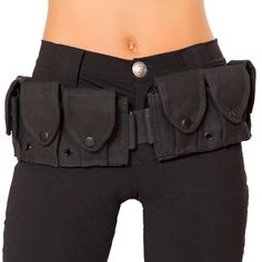 Utility And Ammo Belt. Belt Has 10 Snap Close Compartments To Store All Manner Of Gear. Buckle Closure On Front And Belt Slide, Size Adjustment On Back. Each Compartment Measures About 2-1/2" Inches Wide And 3-1/2" Inches Deep And Has Two Different Snap Closures To Accommodate Items Of Varying Sizes. Fabric Of Just Compartment Part Of Belt Is 34.5" Long, Then A Canvas Strap Is Added To Make It Larger And Adjust As Needed. The Canvas Strap Alone Measures 52" Long. Great For Police, Army, Spy And Belt With Pouches, Swat Costume, Steampunk Belt, Police Costume, Black Costume, Belt Women, Utility Belt, Hero Costumes, Military Outfit