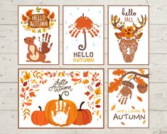 four autumn cards with hand prints and pumpkins