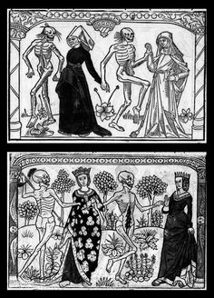 two pictures of people in black and white, one has a skeleton on the wall