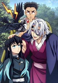 an anime scene with two men and one woman standing next to each other in front of trees