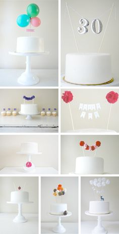 a collage of photos showing different types of birthday cakes and cupcakes with balloons