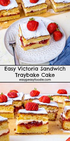 easy victoria sandwich tray cake with strawberries on top