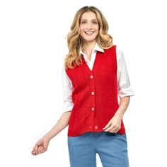 When there's a chill in the air, indoors or out, our button-up women's sweater vest has you covered. It gives you that extra layer of warmth you need yet won't add bulky sleeves. The soft and lightweight sweater vest cardigan is a classic over a blouse or turtleneck and takes a finished look to slacks, jeans, and skirts. Flattering length creates a slimming look from shoulder to hip. Richly patterned cable front, gathered hem and dyed to match buttons. Imported Color: Blue.  Gender: female.  Age Button Up Styling, Button Up Sweater Vest, American Sweetheart, Sleeveless Vest Jacket, Turtle Bay, Cable Pattern, Cable Cardigan, Cardigan Sweater Vest, Button Up Sweater