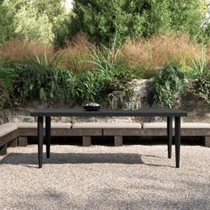 a bench sitting in front of a stone wall with plants growing on it and an empty glass vase next to it