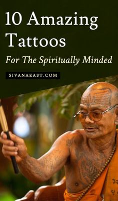 an old man with tattoos holding a stick