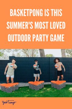 three kids are playing with an outdoor party game in the grass and text reads, basketball is this summer's most loved outdoor party game