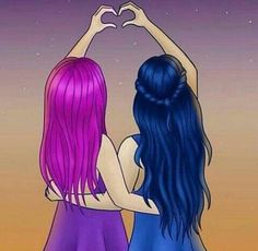 two women with long purple hair are facing each other and making the shape of a heart