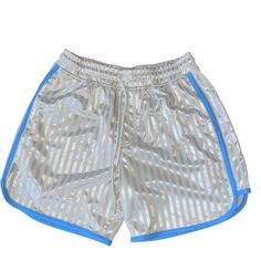 Urban Outfitters Nwt Taupe Striped Shorts With Blue Trim Elastic Waist Sz Small. New, Never Worn. Does Have A Tiny Picked Place On Front And An Area On The Upper Back. Refer To Pics. Elastic Waist With Drawstring Color On Tag Is Taupe. In Some Lights, Looks Almost Gold To Me. Has Light Blue Trim. Has Alternating Shimmer And Matte Taupe Stripes Slip Pockets 100% Polyester The Sides Are Slightly Shorter Than The Front And Back Refer To Pics For Approx Measurements. Waist Is Elastic So It Will Stre Sweatpant Shorts, Grey Sweat Shorts, Light Blue Trim, Rugby Shorts, Urban Outfitters Men, Urban Outfitters Shorts, Grey Sweats, Athleisure Casual, Mens Boardshorts