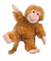 a stuffed monkey with one leg up and two hands in the air, on a white background