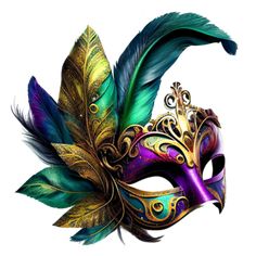 a masquerade mask with green and purple feathers on it's side, isolated against a white background