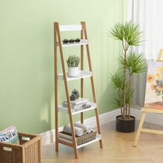 a room with green walls and white shelves filled with potted plants next to a painting