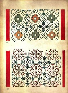 an old book with decorative designs on the pages and in red, white, and green colors