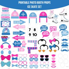 a large set of pink and blue photo booth props with penguin hats, sunglasses, mittens