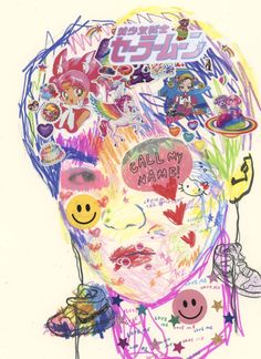 a drawing of a woman's face with many stickers all over her head