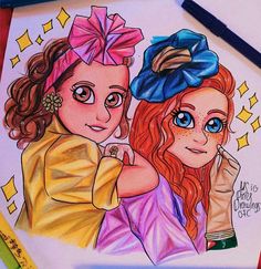 a drawing of two girls with big blue eyes