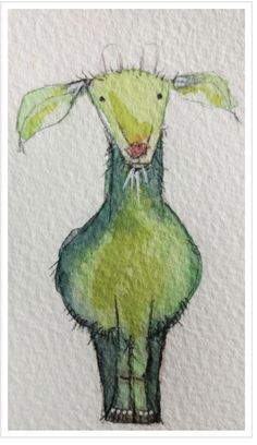 a drawing of a green animal with long ears