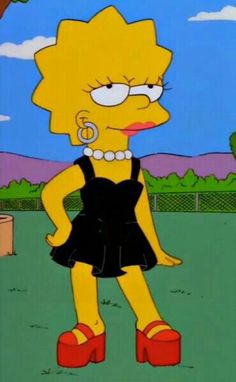 the simpsons character is dressed in black and has red shoes on her feet, while she stands