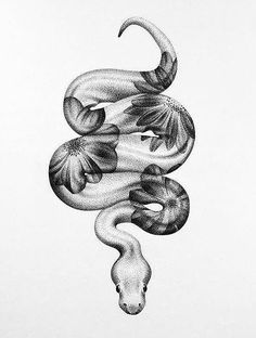 a drawing of a snake with flowers on it's tail and its head in the air